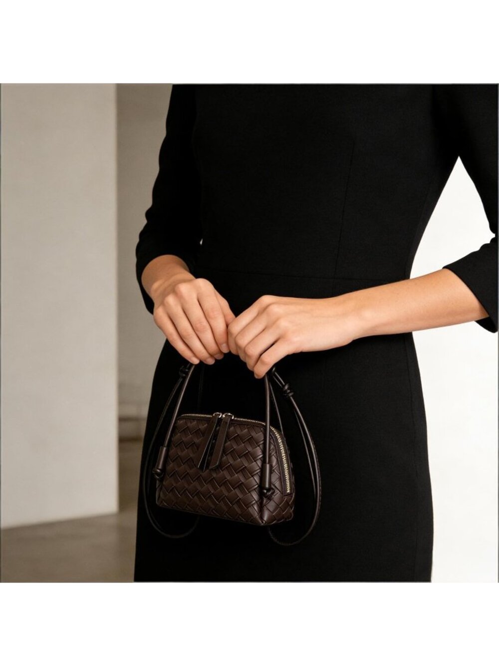 Women's Coffee Woven PU Leather Mini Satchel Adjustable Strap Crossbody Bags - Picture 3 of 6